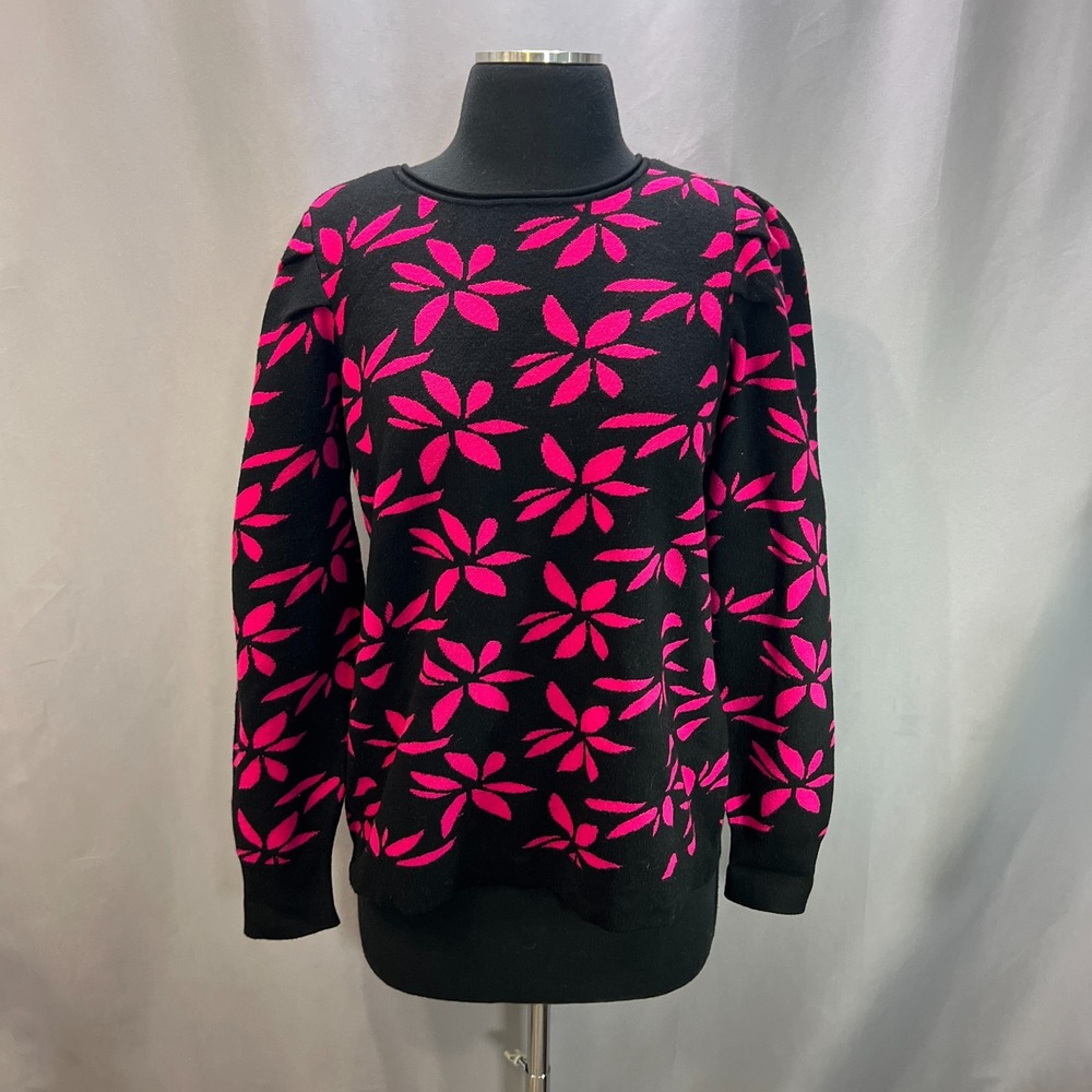 Anne Klein Pullover Sweater Women Medium Black Purple Tropical Print Ribbed Trim